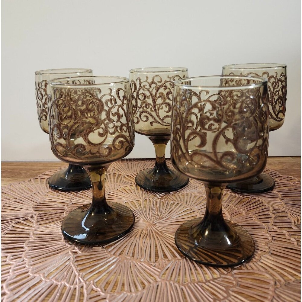 5- Libbey Prado Tawny Brown Raised Scroll Design Vintage Wine Water Goblets